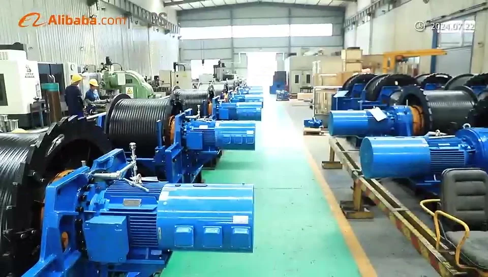 Rows of blue hydraulic winches in the Chuangdong factory, from July 2024 supplier footage